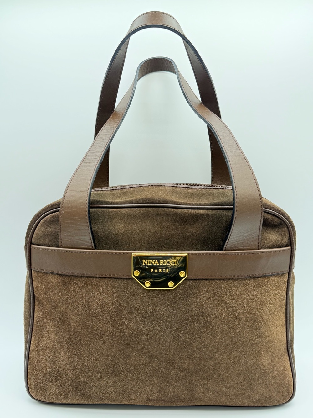 Nina Ricci Paris Brown Suede Top Handle Satchel Bag, Gold Hardware